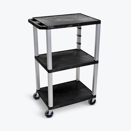 Luxor 42''H 3-Shelf Utility Cart, Black Shelves, Nickel Legs UCPL1-N